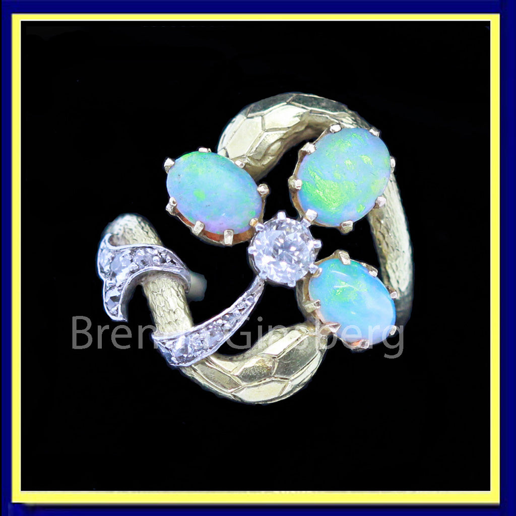Art Nouveau ring gold platinum opals diamonds snakes clover French