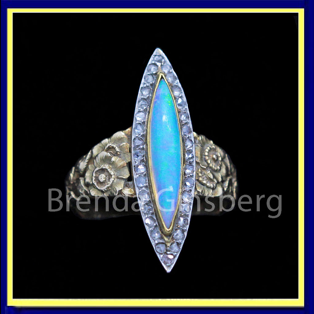 antique Art Nouveau ring chased gold platinum diamonds opal antique French Art Nouveau