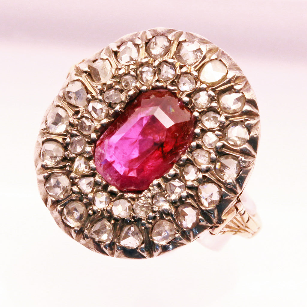 Antique Victorian Ring Ruby Diamonds 18k Gold Silver (7149)