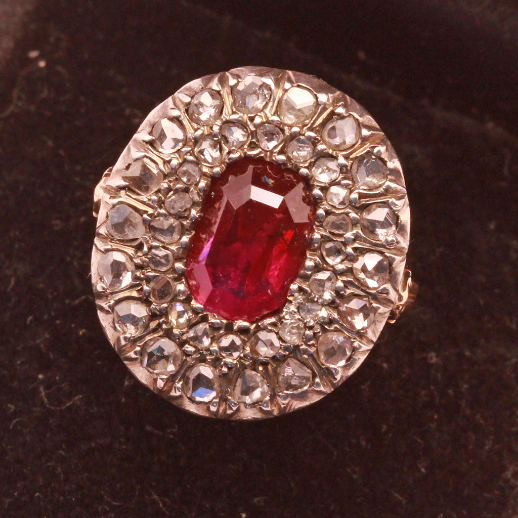 Antique Victorian Ring Ruby Diamonds 18k Gold Silver (7149)