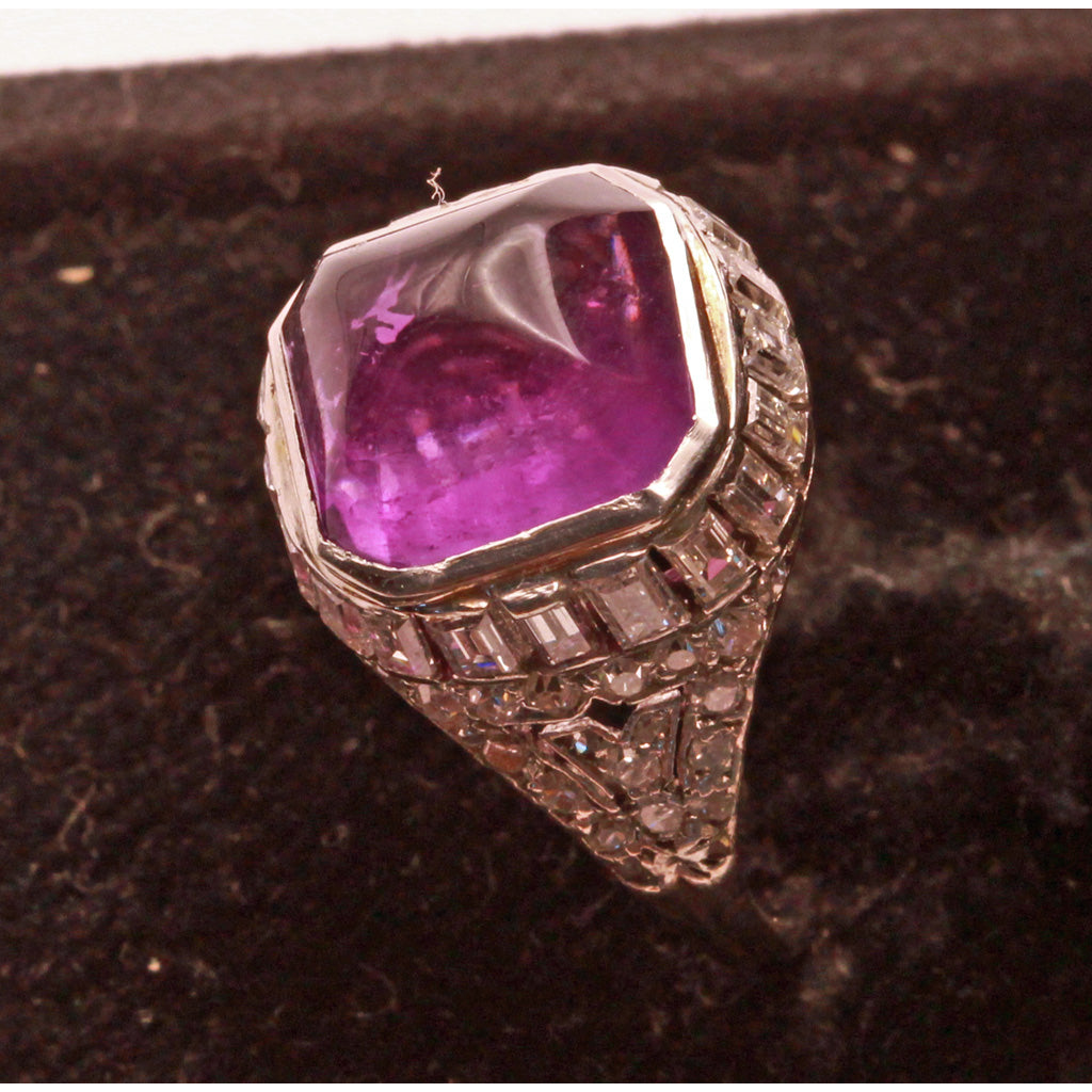 Antique Art Deco Ring Platinum 18k Gold Diamonds Sugar Loaf Amethyst French(7170)