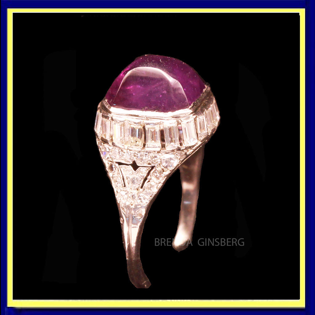 Antique Art Deco Ring Platinum 18k Gold Diamonds Sugar Loaf Amethyst French(7170)