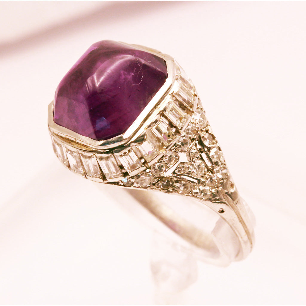 Antique Art Deco Ring Platinum 18k Gold Diamonds Sugar Loaf Amethyst French(7170)