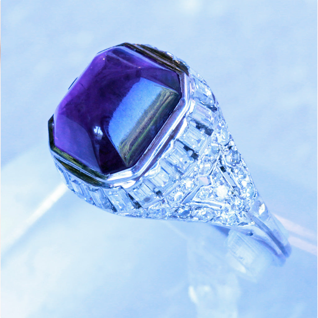 Antique Art Deco Ring Platinum 18k Gold Diamonds Sugar Loaf Amethyst French(7170)