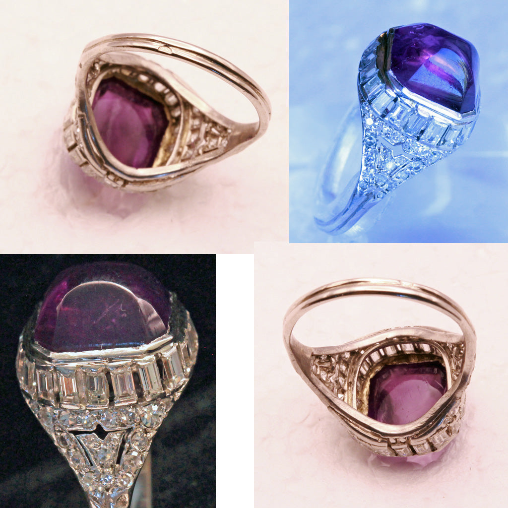 Antique Art Deco Ring Platinum 18k Gold Diamonds Sugar Loaf Amethyst French(7170)