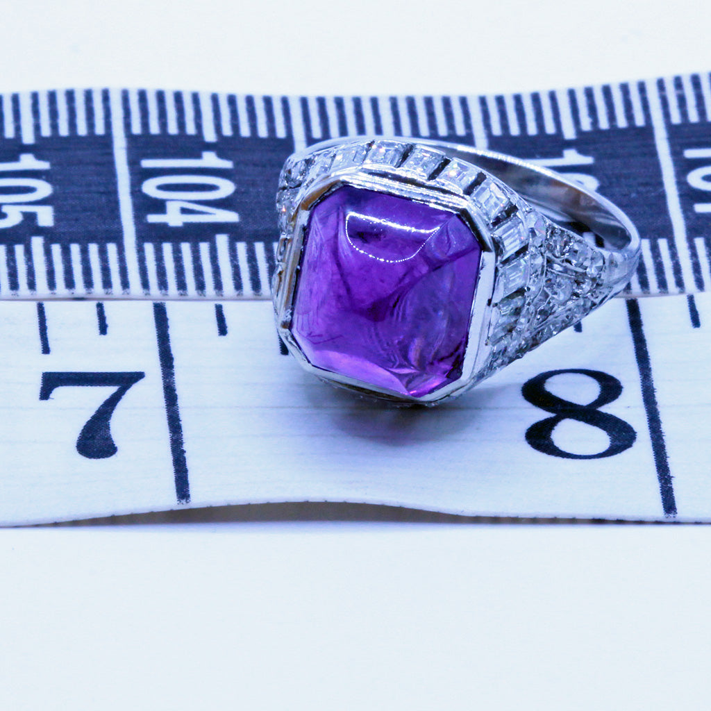 Antique Art Deco Ring Platinum 18k Gold Diamonds Sugar Loaf Amethyst French(7170)