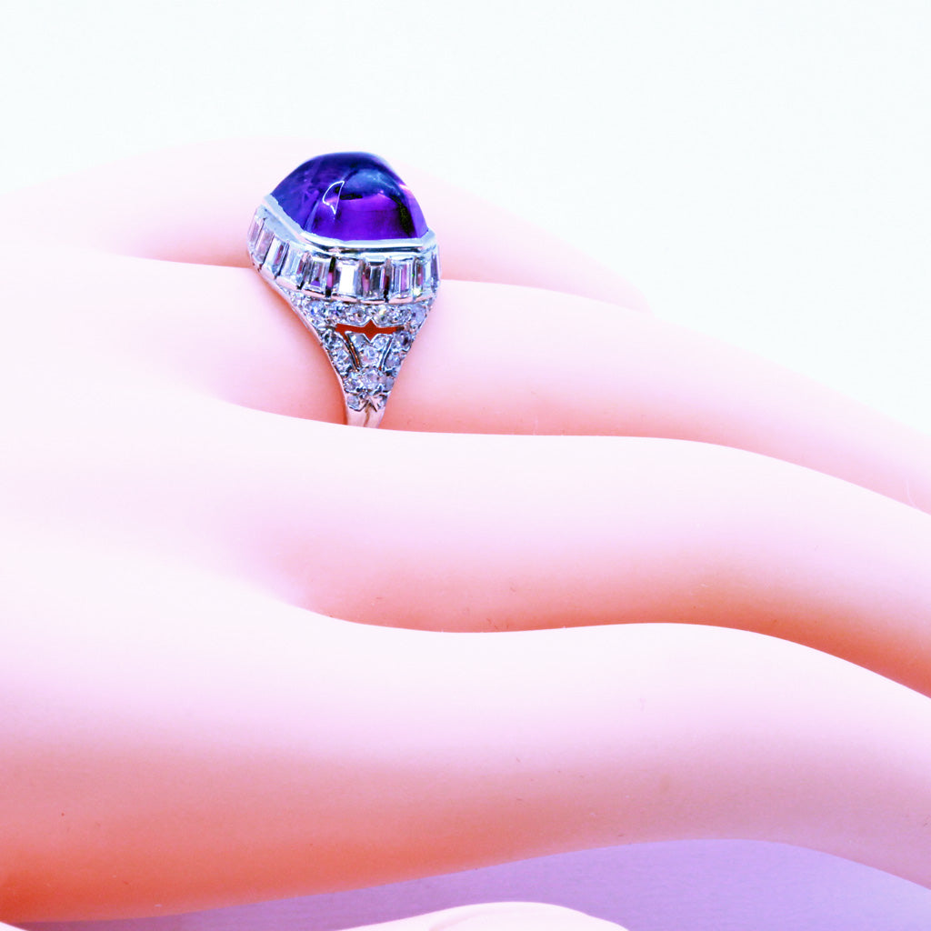Antique Art Deco Ring Platinum 18k Gold Diamonds Sugar Loaf Amethyst French(7170)