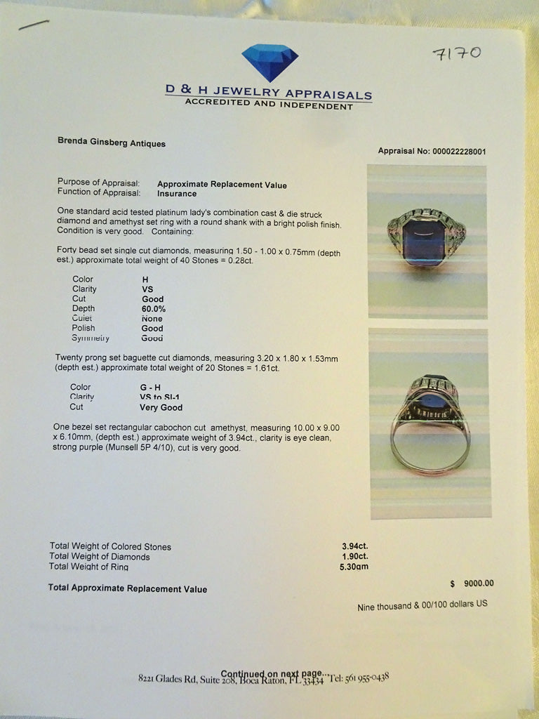 Antique Art Deco Ring Platinum 18k Gold Diamonds Sugar Loaf Amethyst French(7170)