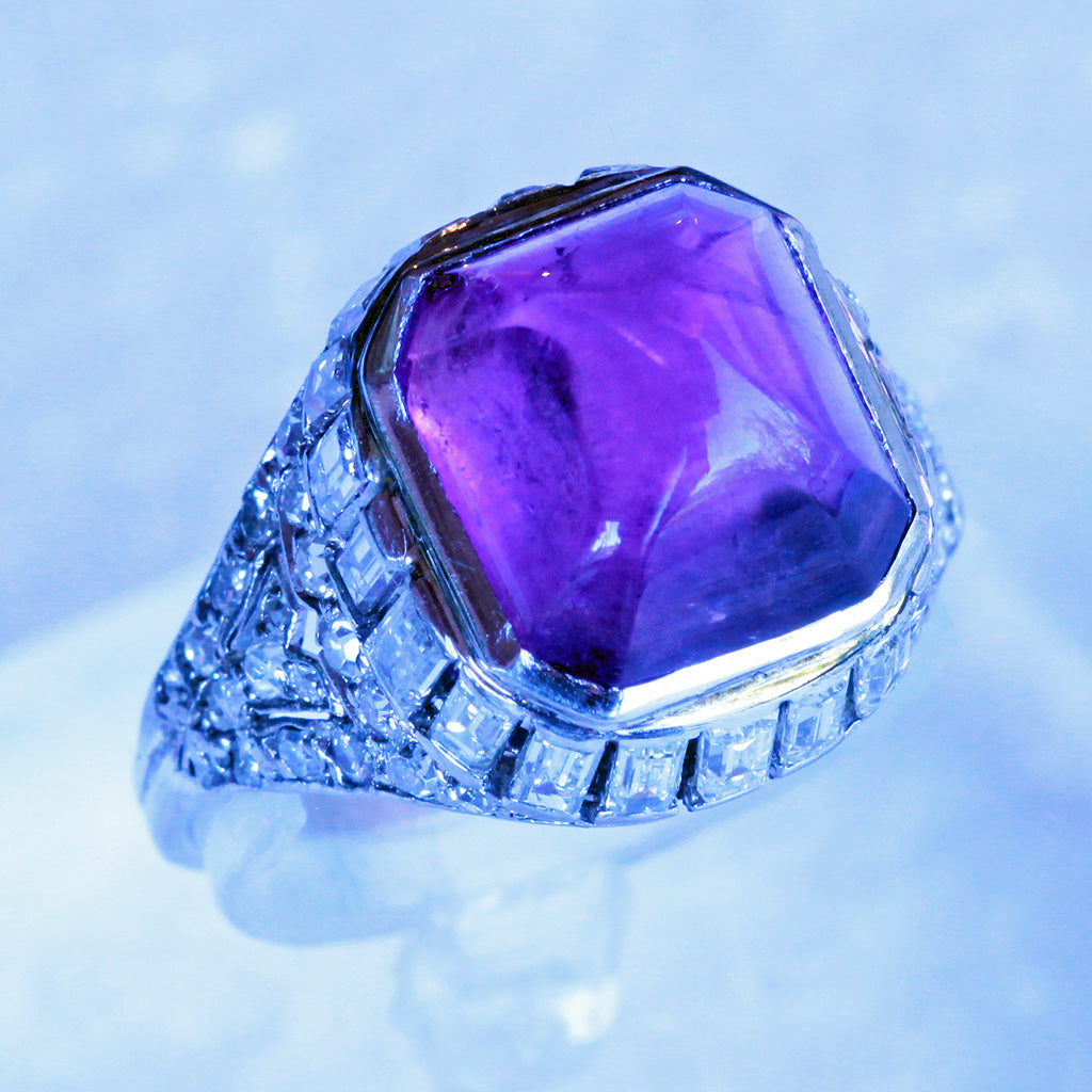 Antique Art Deco Ring Platinum 18k Gold Diamonds Sugar Loaf Amethyst French(7170)