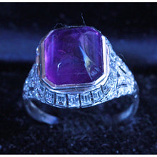 Antique Art Deco Ring Platinum 18k Gold Diamonds Sugar Loaf Amethyst French(7170)