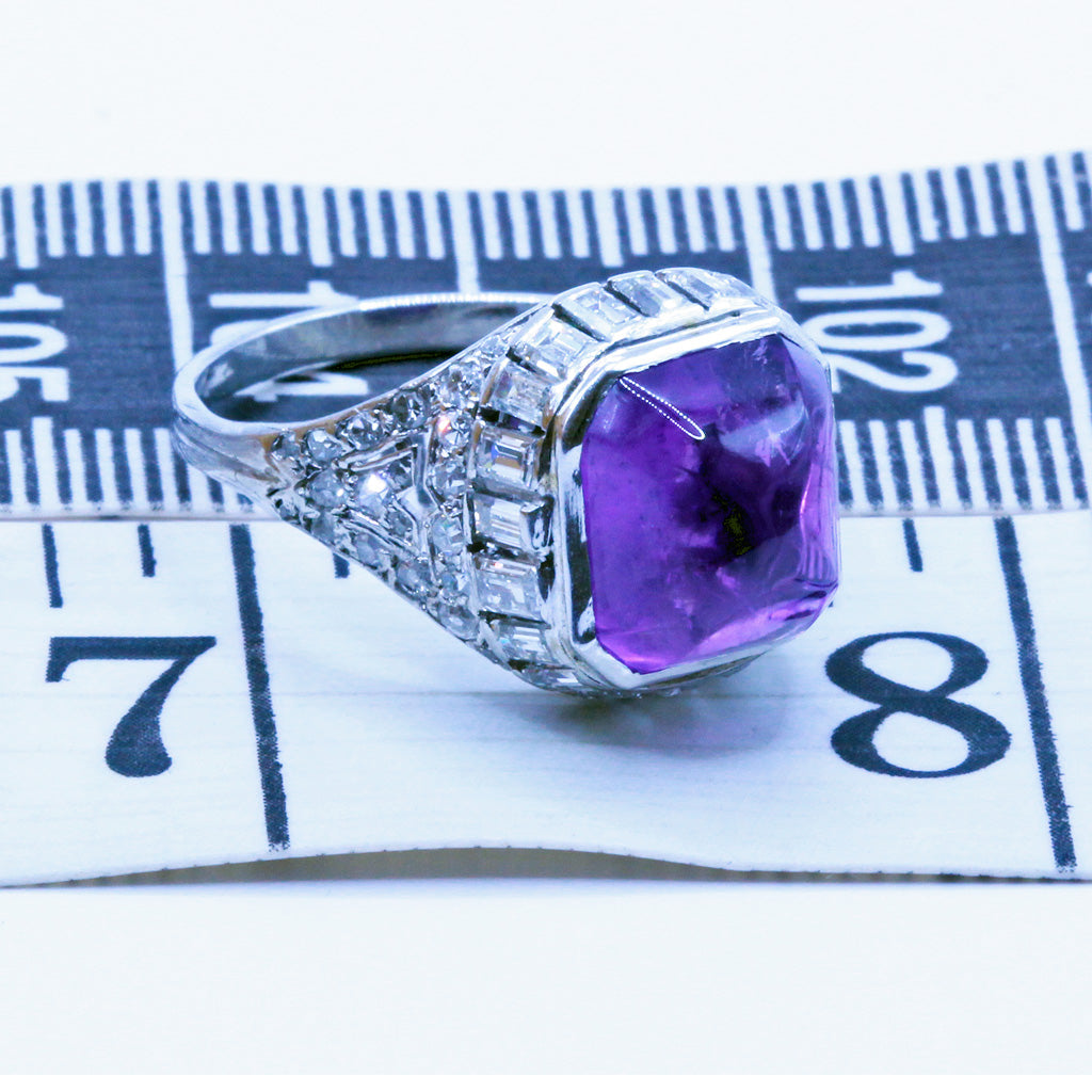 Antique Art Deco Ring Platinum 18k Gold Diamonds Sugar Loaf Amethyst French(7170)