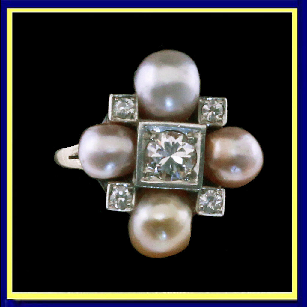 French Art Deco ring gold pink gold colored natural pearls diamonds GIA certificate