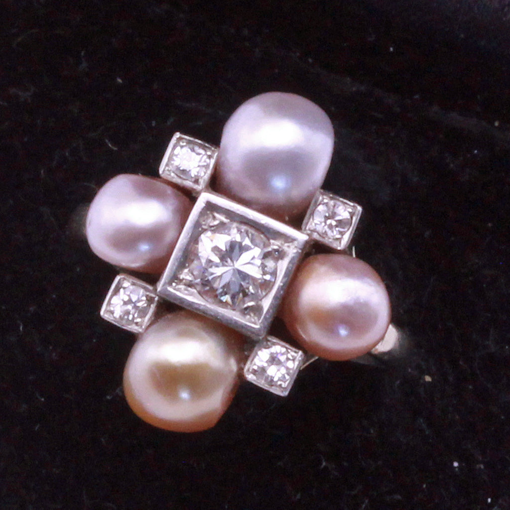 French Art Deco Ring gold pink gold colored natural pearls diamonds GIA (7176)