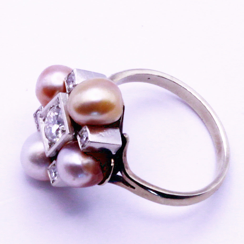 French Art Deco Ring gold pink gold colored natural pearls diamonds GIA (7176)