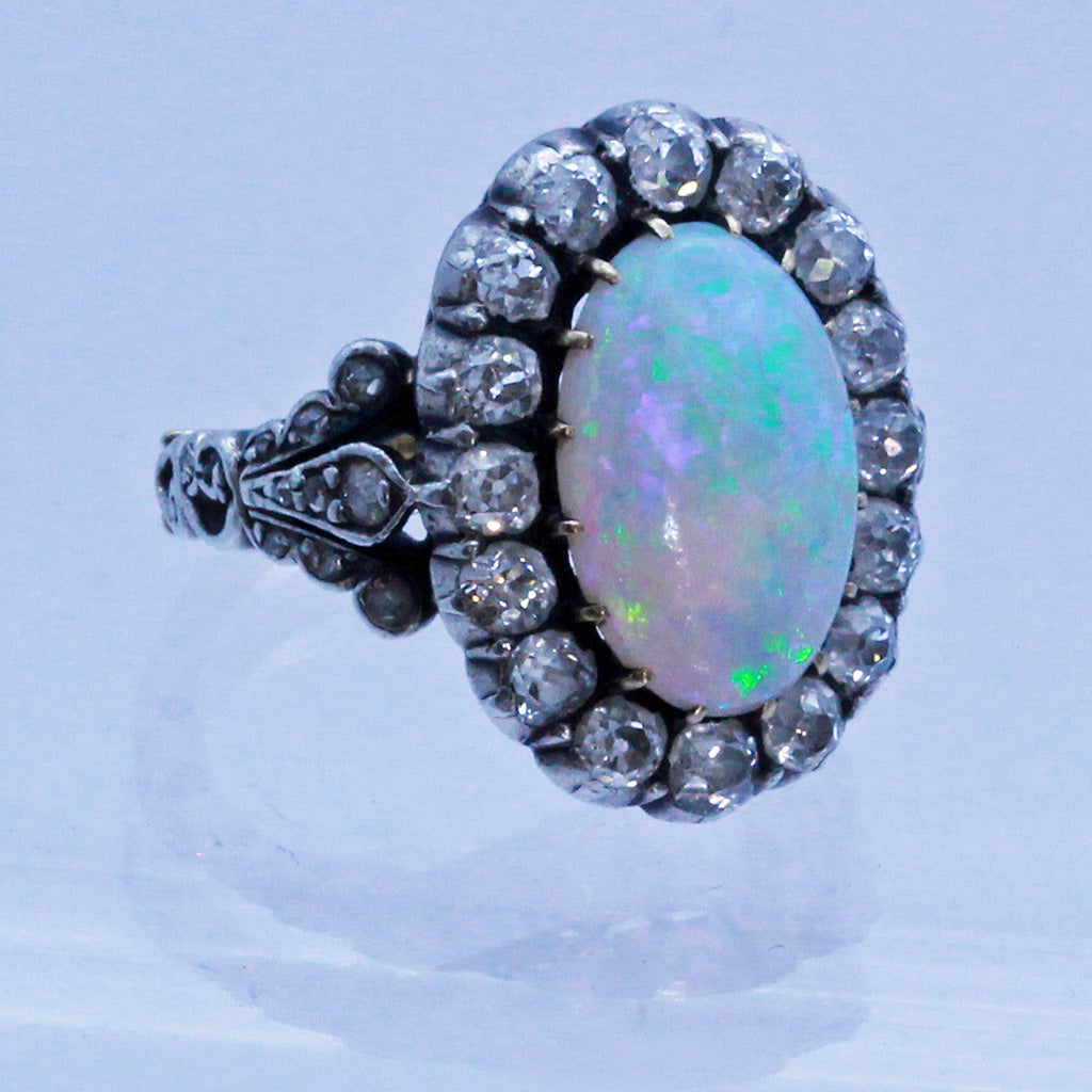 Antique Victorian Ring Natural Opal and Diamonds 18k Gold Silver (7192)