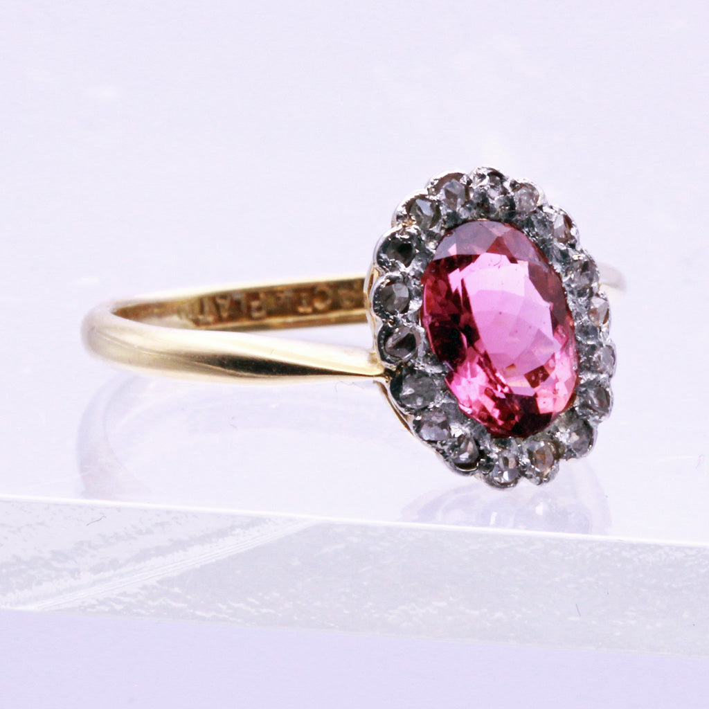 Antique Victorian Ring Pink Tourmaline Diamonds Gold Platinum English (7212)