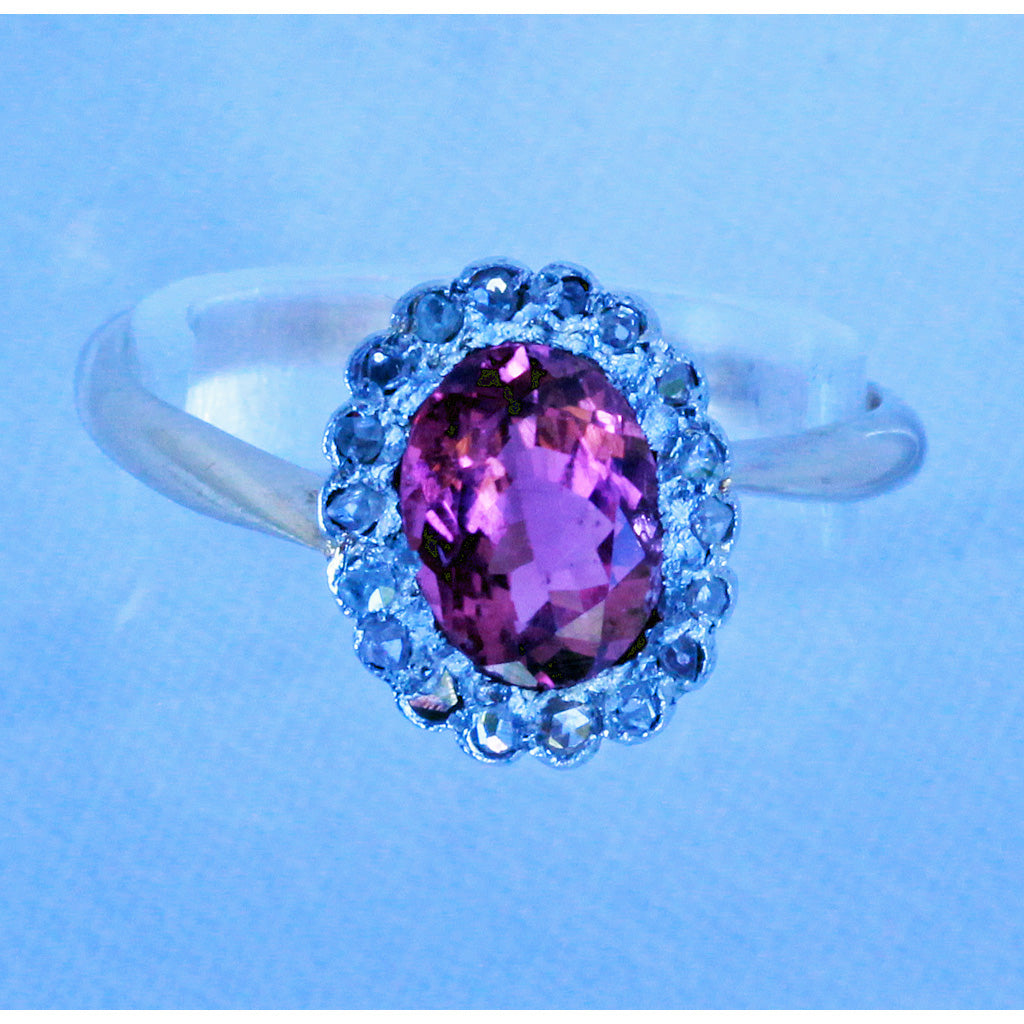 Antique Victorian Ring Pink Tourmaline Diamonds Gold Platinum English (7212)
