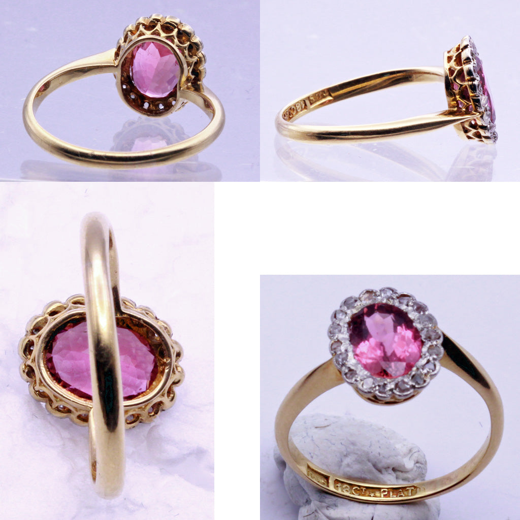 Antique Victorian Ring Pink Tourmaline Diamonds Gold Platinum English (7212)