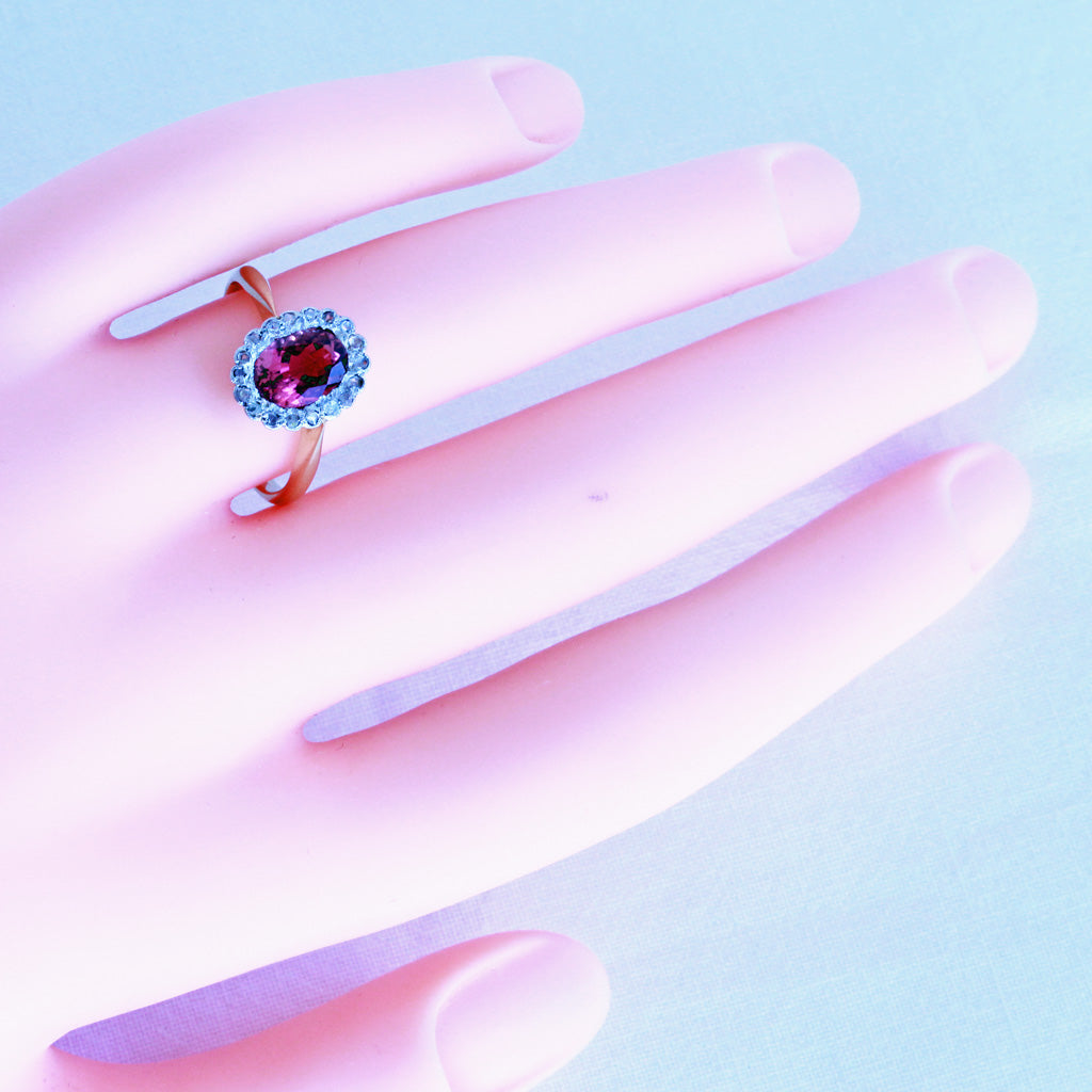Antique Victorian Ring Pink Tourmaline Diamonds Gold Platinum English (7212)