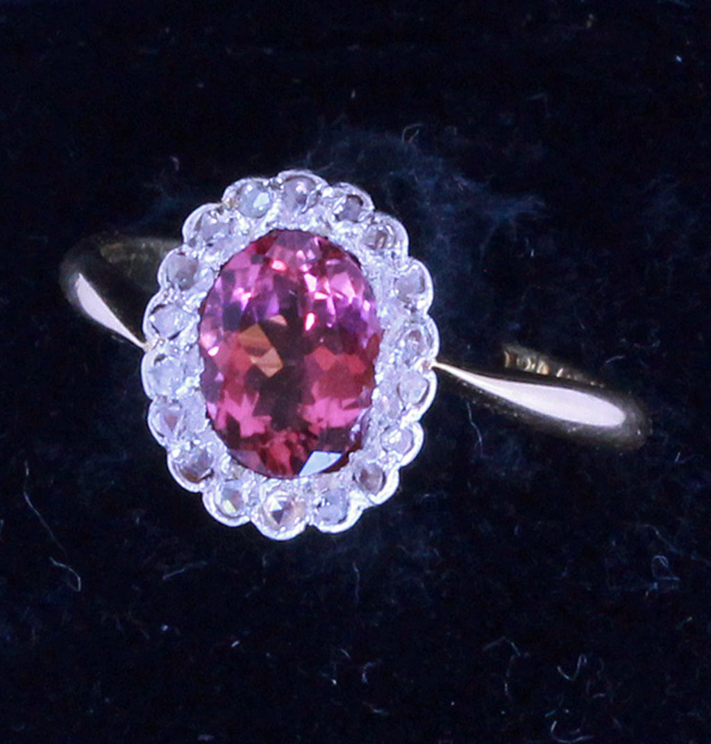 Antique Victorian Ring Pink Tourmaline Diamonds Gold Platinum English (7212)