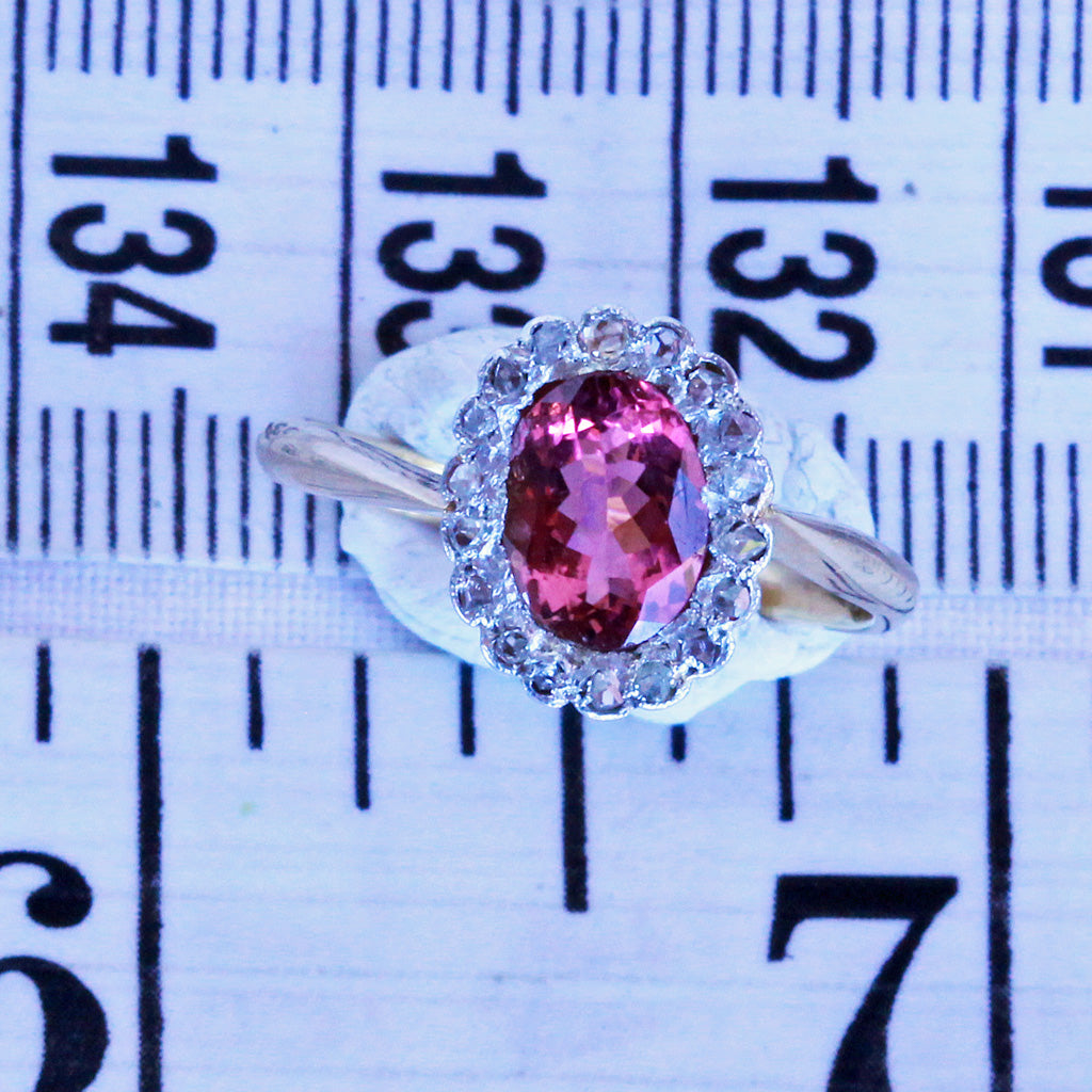 Antique Victorian Ring Pink Tourmaline Diamonds Gold Platinum English (7212)