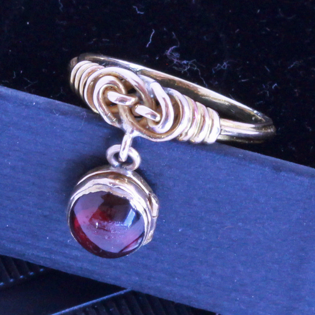 Antique Victorian Ring Celtic Marriage Knot Dangle Locket Garnet 18k Gold (7213)