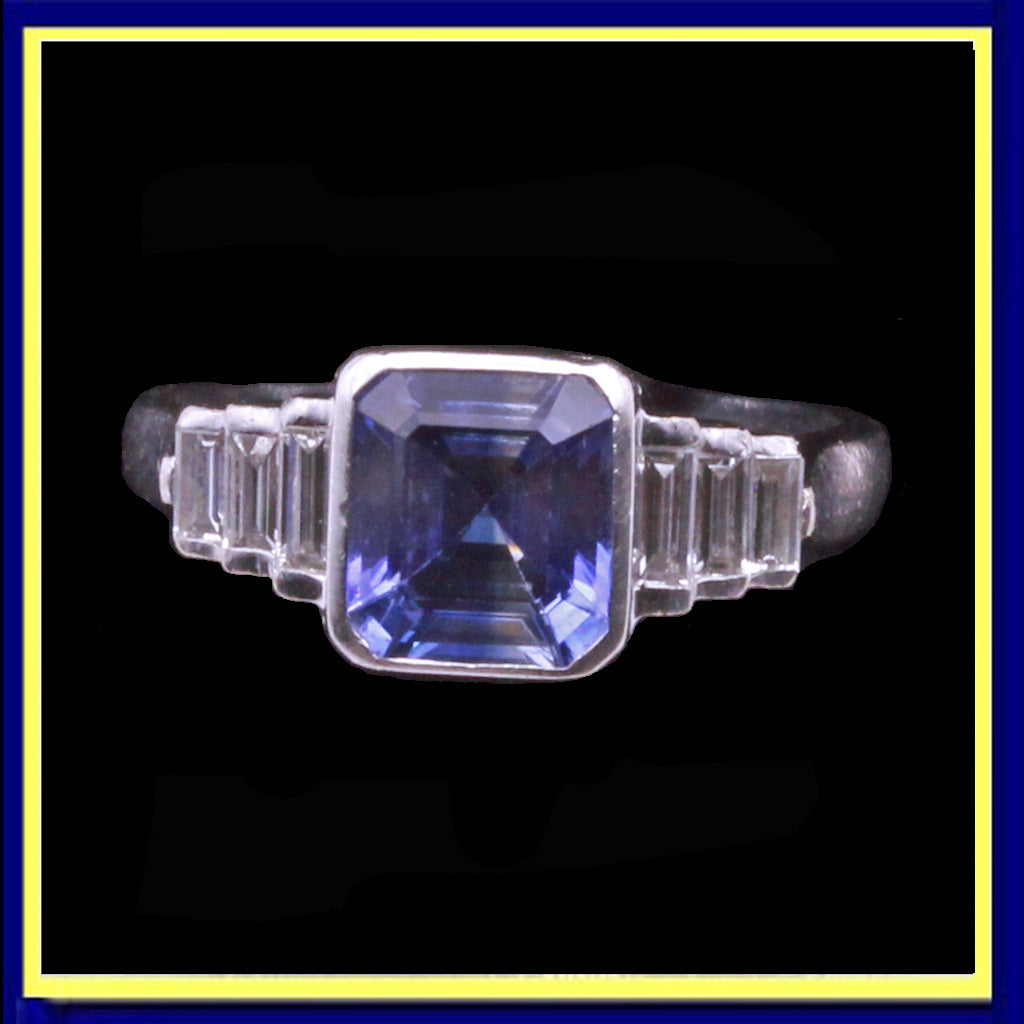 sapphire diamond ring French white gold Art Deco style