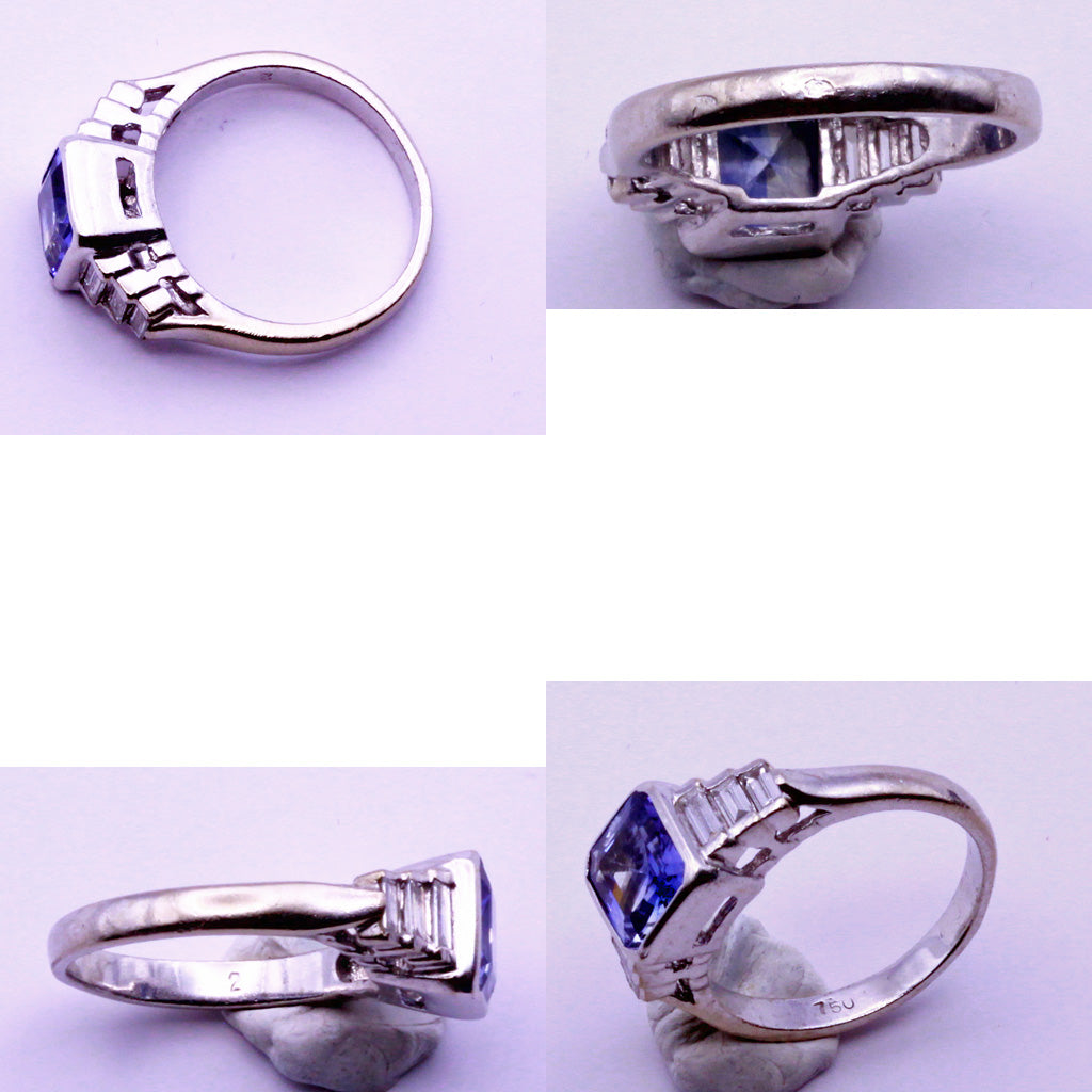 Sapphire and Diamond Ring French 18k white gold Art Deco style not old (7227)