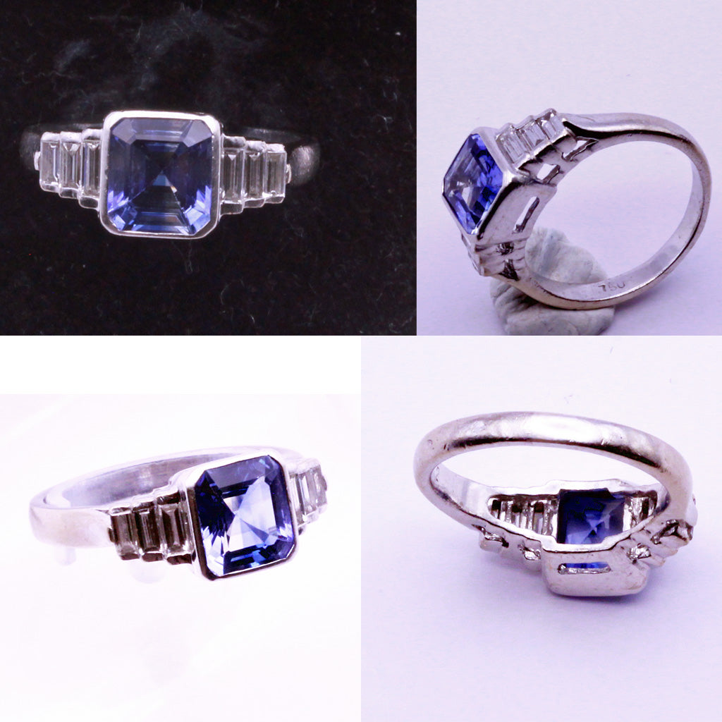 Sapphire and Diamond Ring French 18k white gold Art Deco style not old (7227)