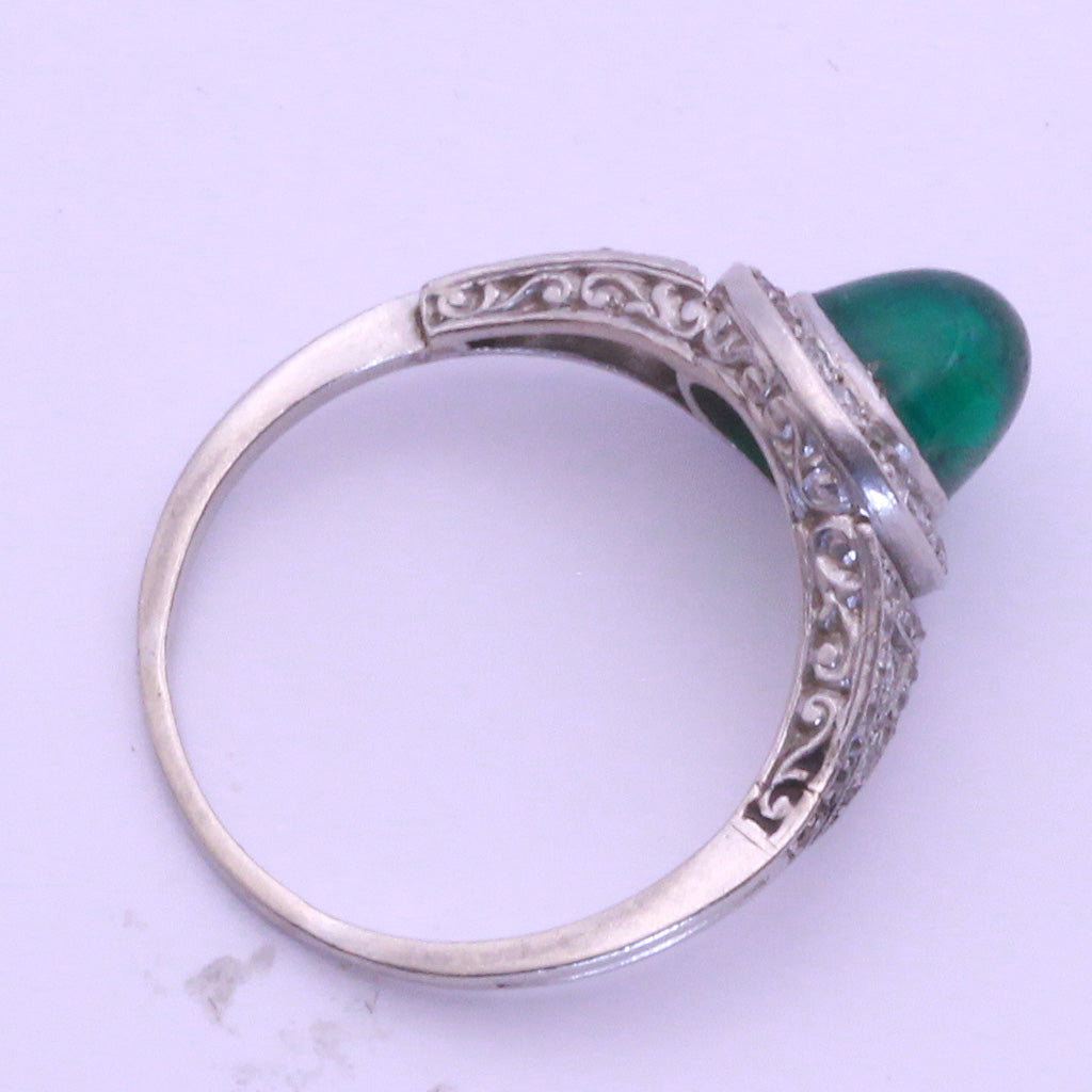Antique Art Deco Ring Sugarloaf Emerald Diamonds Platinum French Certified (7229)
