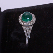 Antique Art Deco Ring Sugarloaf Emerald Diamonds Platinum French Certified (7229)