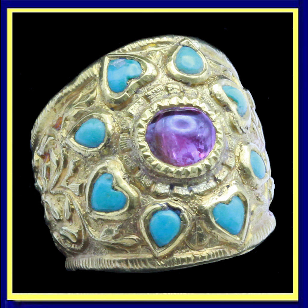antique vintage ring gold turquoise ruby large unisex ring hearts repousse