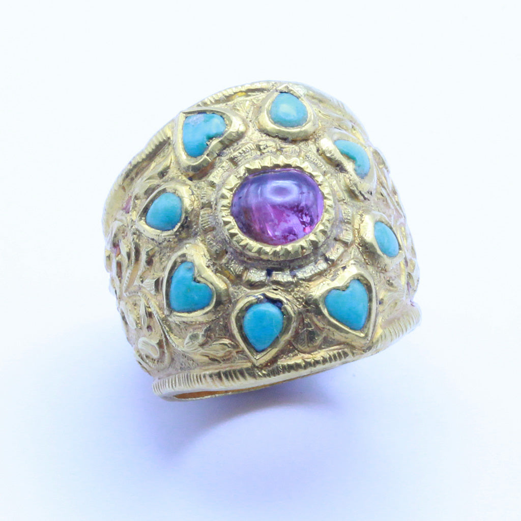 Antique vintage ring gold turquoise ruby large unisex ring hearts repousse (7248)
