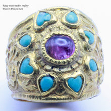 Antique vintage ring gold turquoise ruby large unisex ring hearts repousse (7248)