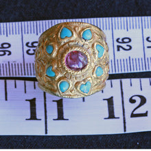 Antique vintage ring gold turquoise ruby large unisex ring hearts repousse (7248)