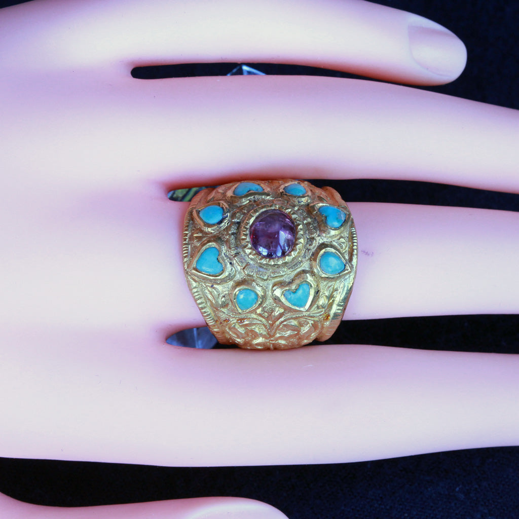 Antique vintage ring gold turquoise ruby large unisex ring hearts repousse (7248)