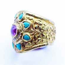 Antique vintage ring gold turquoise ruby large unisex ring hearts repousse (7248)
