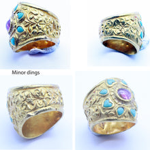 Antique vintage ring gold turquoise ruby large unisex ring hearts repousse (7248)