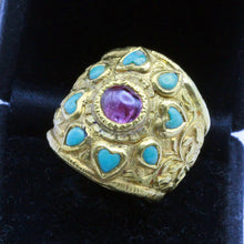 Antique vintage ring gold turquoise ruby large unisex ring hearts repousse (7248)
