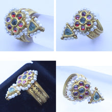 Antique / vintage ring 18k gold sapphires rubies pearl Indian lacy (7251)