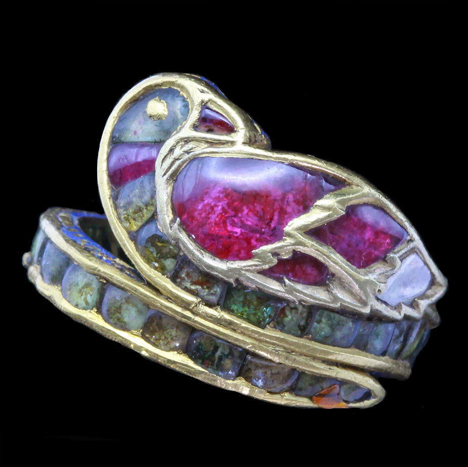 antique ring gold rubies emeralds diamond enamel bird indian