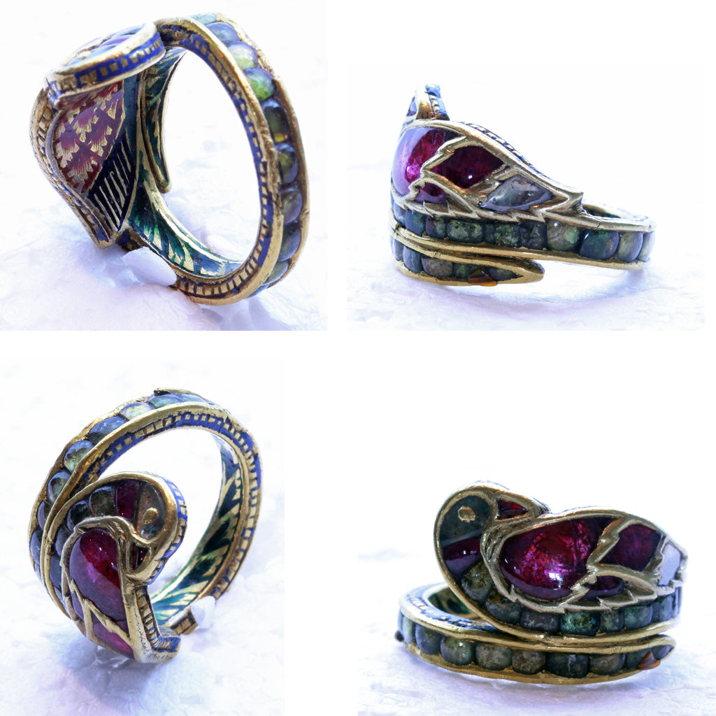 Antique ring 18k gold rubies emeralds diamond enamel bird Indian (7252)