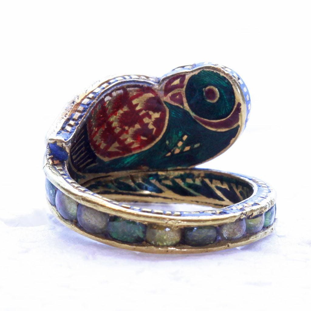 Antique ring 18k gold rubies emeralds diamond enamel bird Indian (7252)