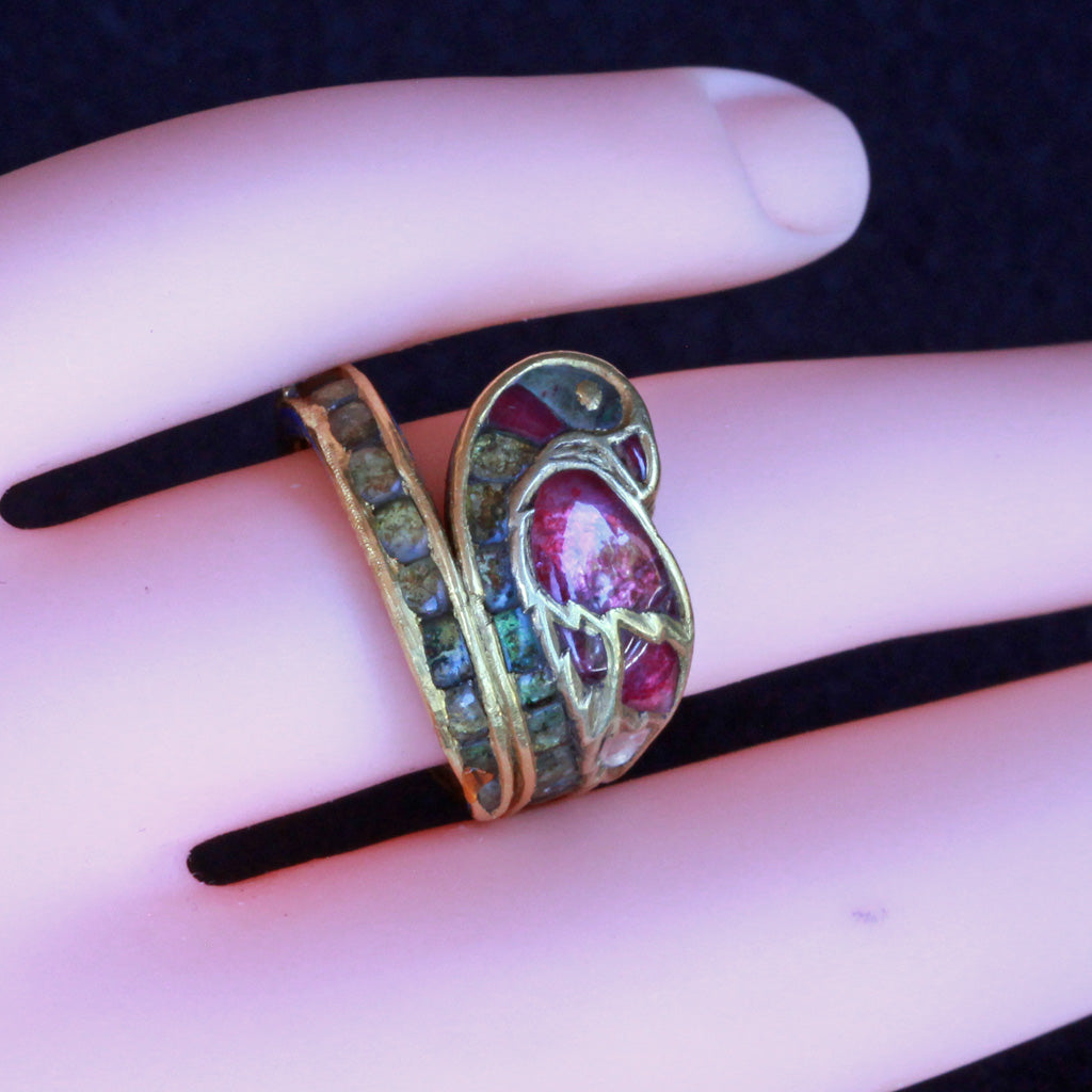 Antique ring 18k gold rubies emeralds diamond enamel bird Indian (7252)