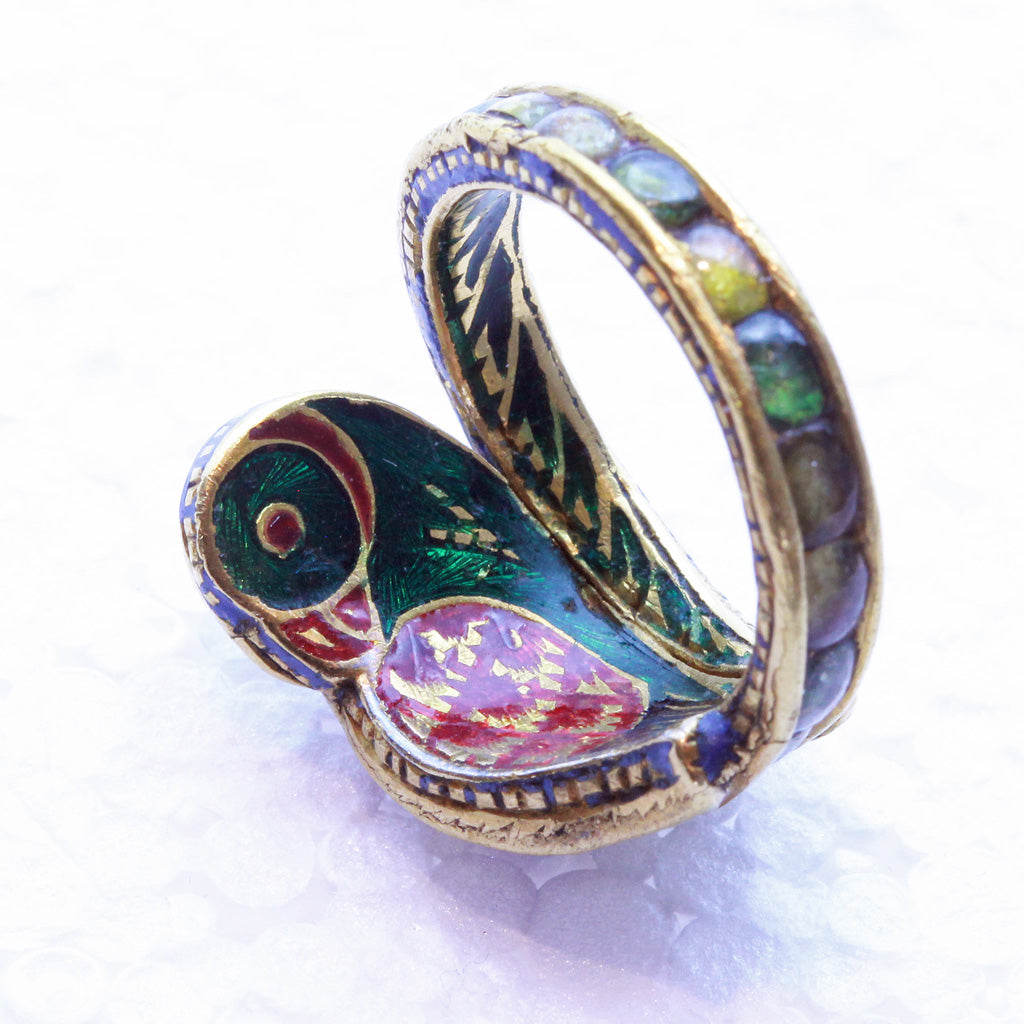 Antique ring 18k gold rubies emeralds diamond enamel bird Indian (7252)