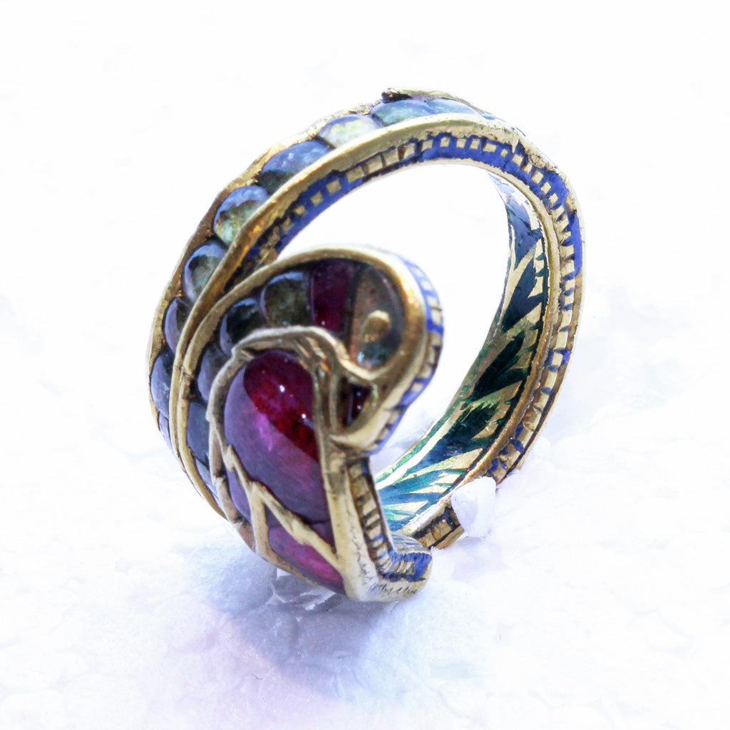 Antique ring 18k gold rubies emeralds diamond enamel bird Indian (7252)