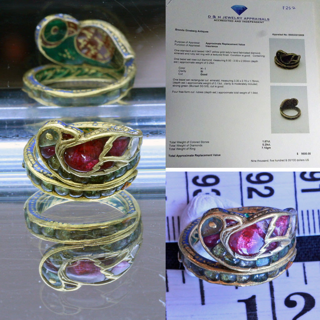 Antique ring 18k gold rubies emeralds diamond enamel bird Indian (7252)