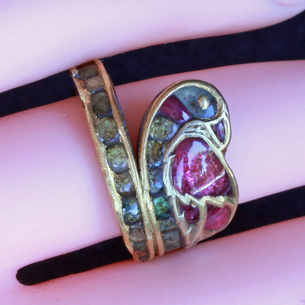 Antique ring 18k gold rubies emeralds diamond enamel bird Indian (7252)
