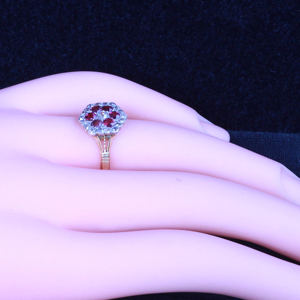 Antique Victorian Edwardian ring 18k gold diamond ruby flower appraisal (7270)