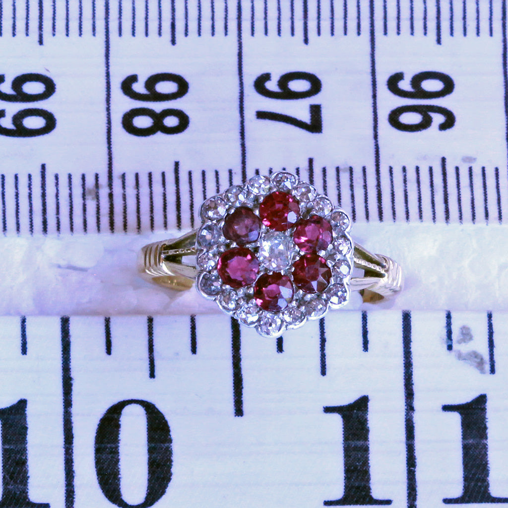 Antique Victorian Edwardian ring 18k gold diamond ruby flower appraisal (7270)